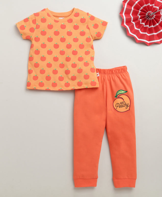 Girls 100% Cotton Graphic T-Shirt & Pyjama Set - Peach