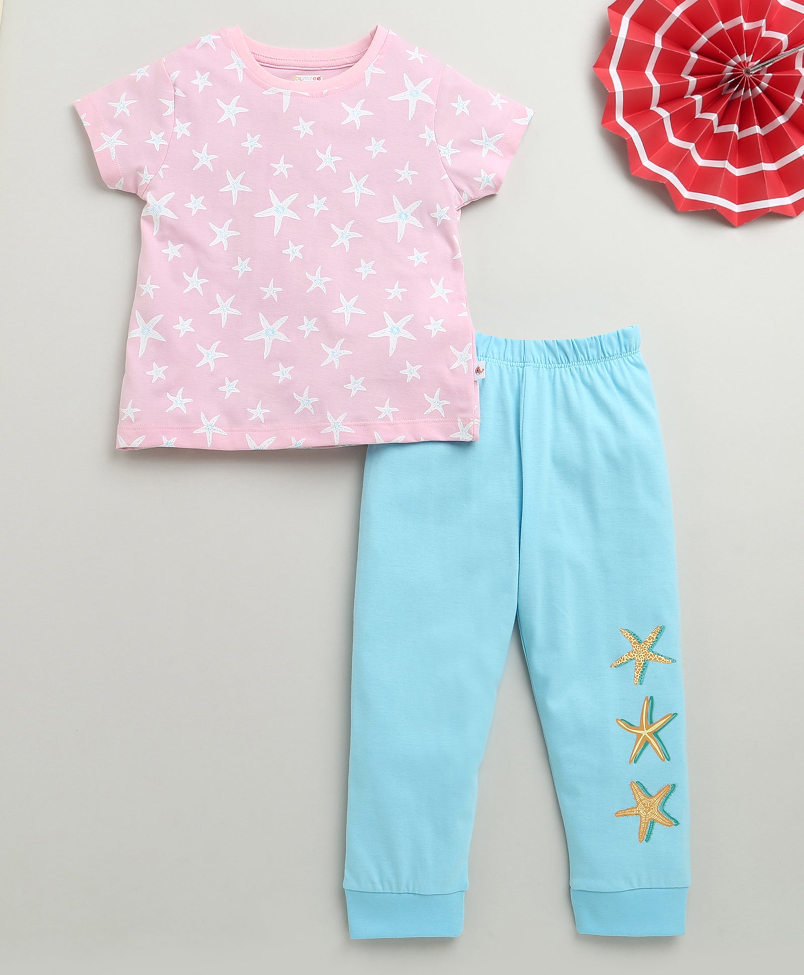 Girls 100% Cotton Graphic T-Shirt & Pyjama Set - Baby Pink & Blue