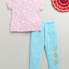 Girls 100% Cotton Graphic T-Shirt & Pyjama Set - Baby Pink & Blue