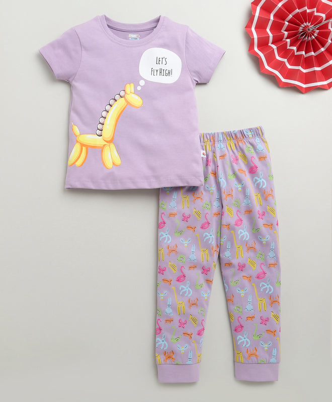 Girls 100% Cotton Animal T-Shirt & Pyjama Set - Lilac
