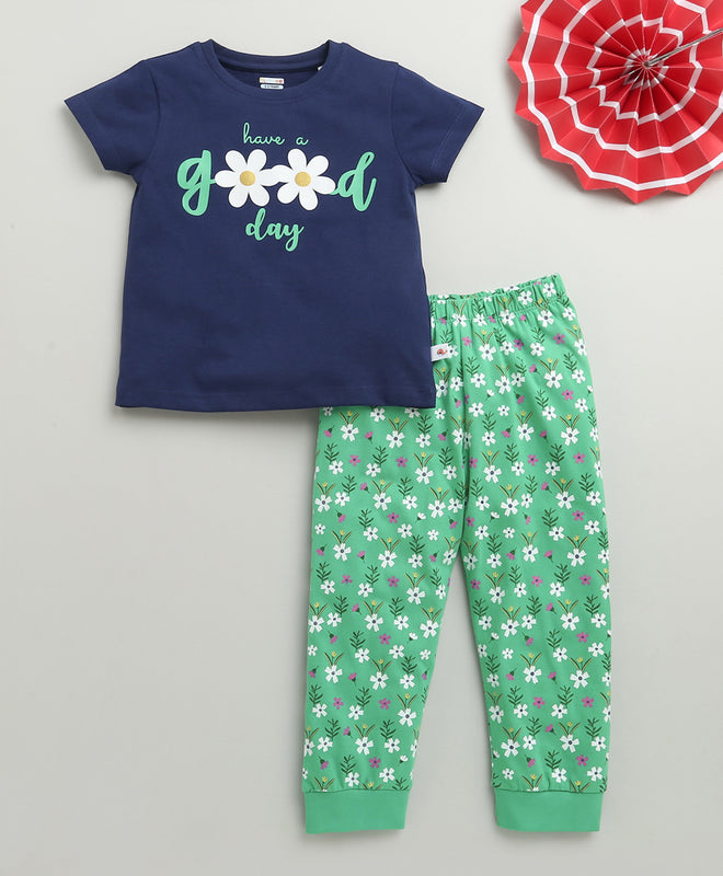 Girls 100% Cotton Floral T-Shirt & Pyjama Set - Mint Green & Navy