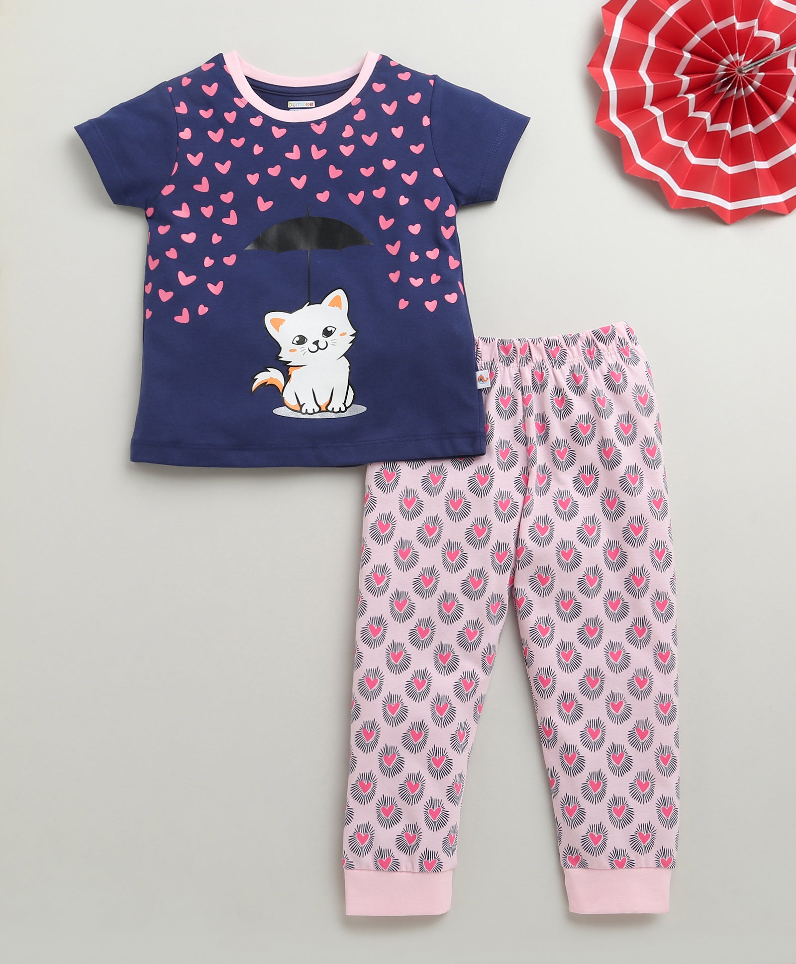 Girls 100% Cotton Animal T-Shirt & Pyjama Set - Navy & Pink
