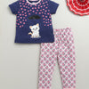 Girls 100% Cotton Animal T-Shirt & Pyjama Set - Navy & Pink