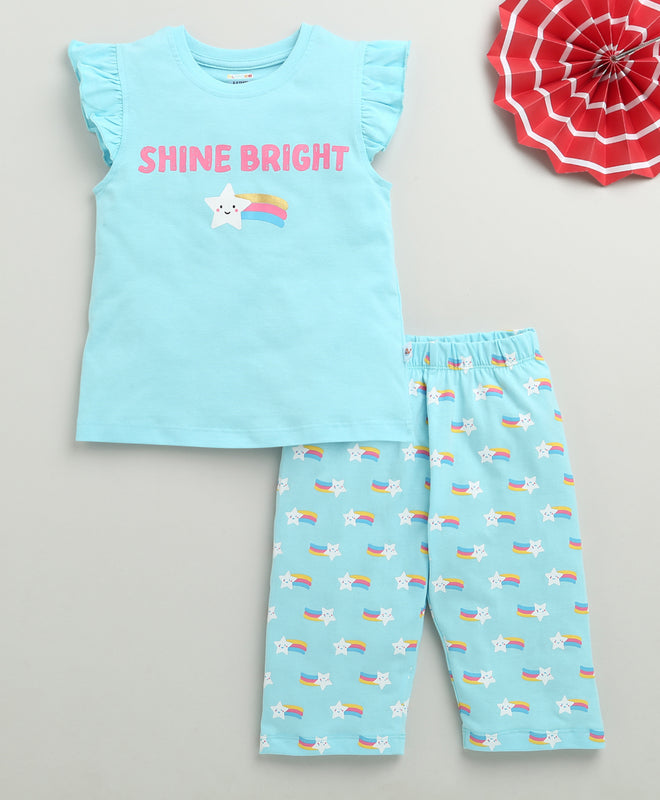 Girls 100% Cotton Graphic T-Shirt & Capri Set - Sky Blue