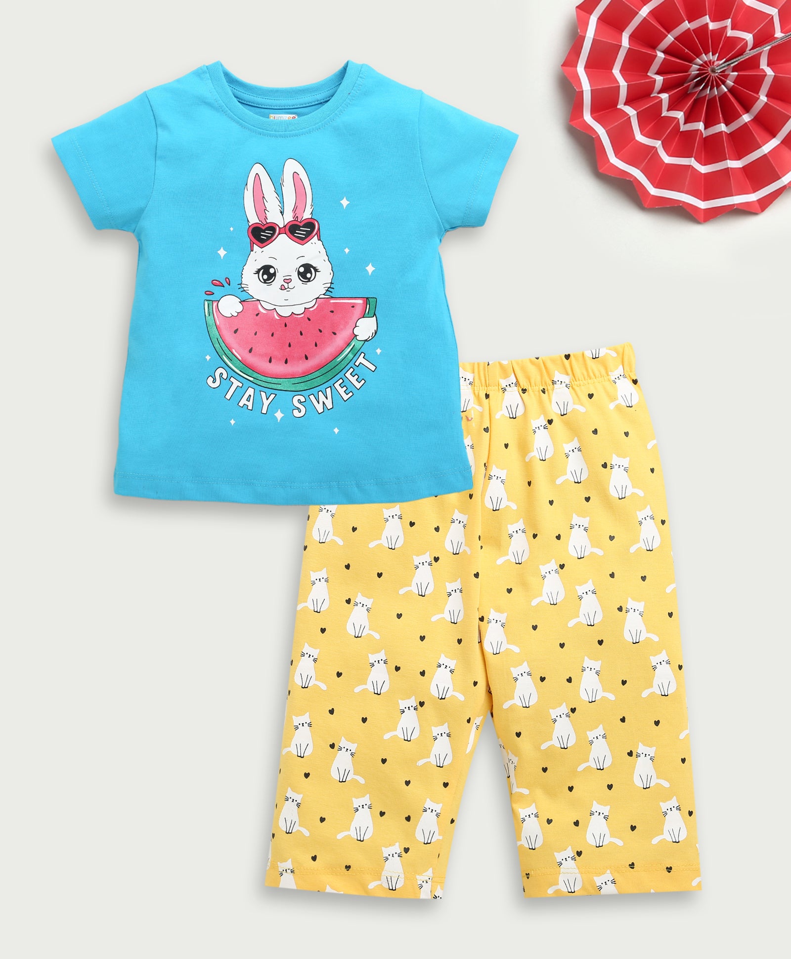 Girls 100% Cotton Animal T-Shirt & Capri Set - Blue & Yellow