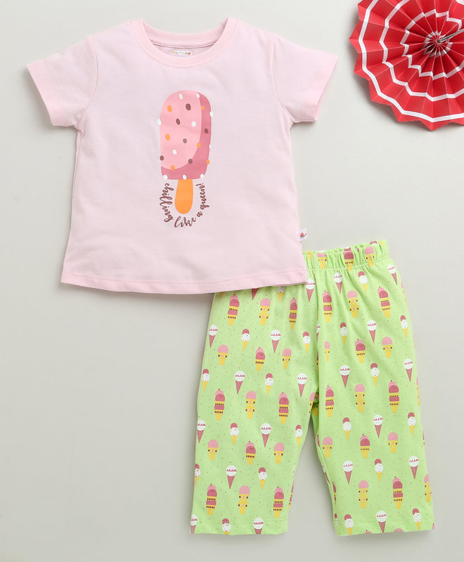 Girls 100% Cotton Graphic T-Shirt & Capri Set - Pink & Green