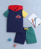 Bumzee Navy & Green Colourblock T-Shirt & Short Set, Half Sleeves, 100% Cotton