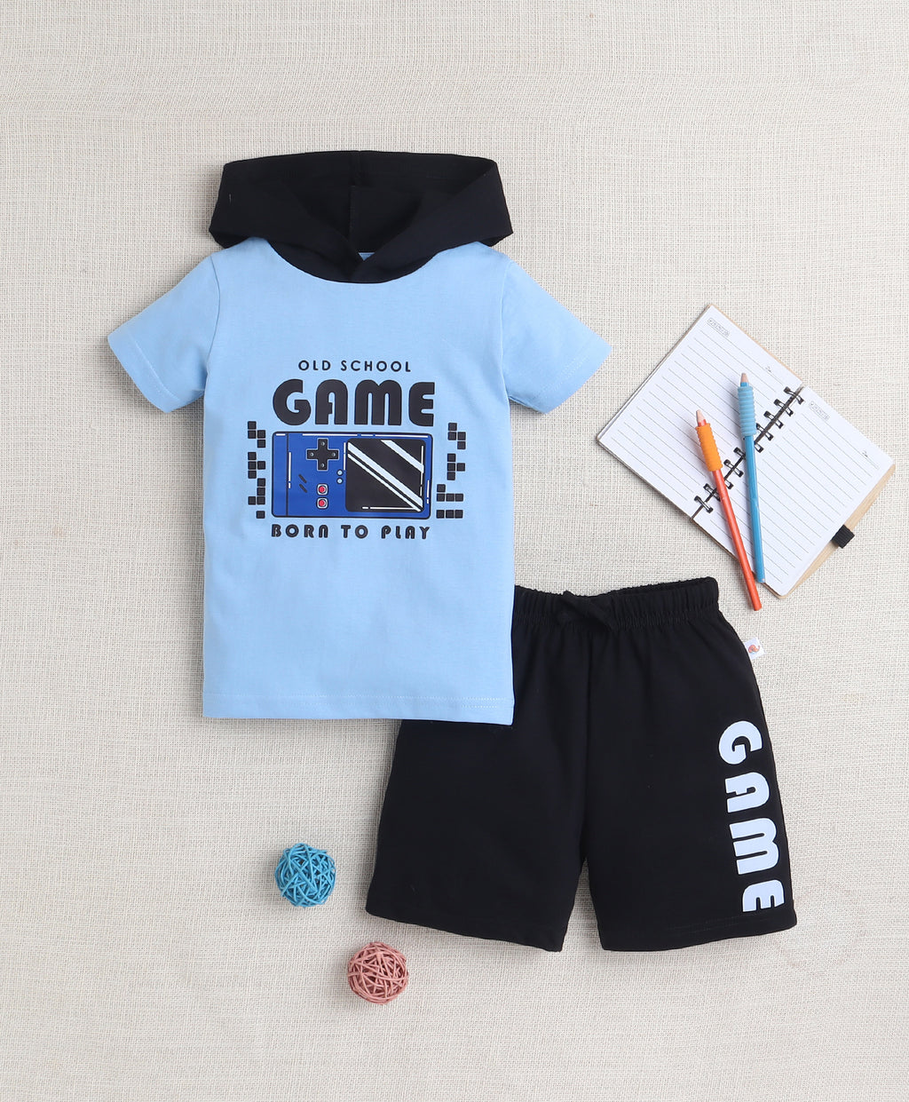 Bumzee Sky Blue & Black Graphic Print T-Shirt & Short Set, Half Sleeves
