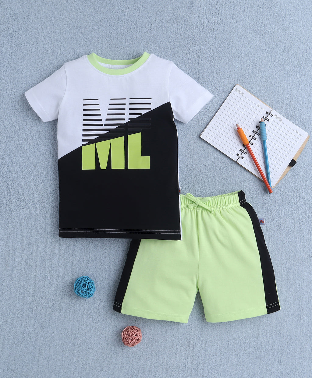 Bumzee White & Green Colourblock T-Shirt & Short Set, Half Sleeves, 100% Cotton