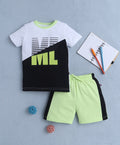 Bumzee White & Green Colourblock T-Shirt & Short Set, Half Sleeves, 100% Cotton