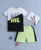 Bumzee White & Green Colourblock T-Shirt & Short Set, Half Sleeves, 100% Cotton