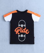 Bumzee Black Graphic Print T-Shirt & Short Set, Half Sleeves, 100% Cotton