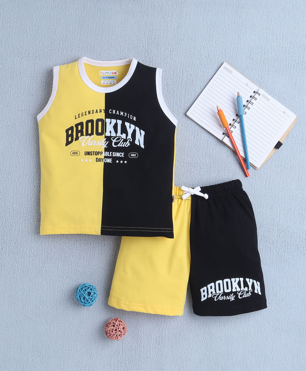 Bumzee Yellow & Black Colourblock T-Shirt & Short Set, Sleeveless, 100% Cotton