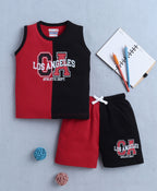 Bumzee Red & Black Colourblock T-Shirt & Short Set, Sleeveless, 100% Cotton