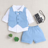 BUMZEE Powder Blue & White Boys Full Sleeves Shirt Waistcoat & Short Set With Applique Bow