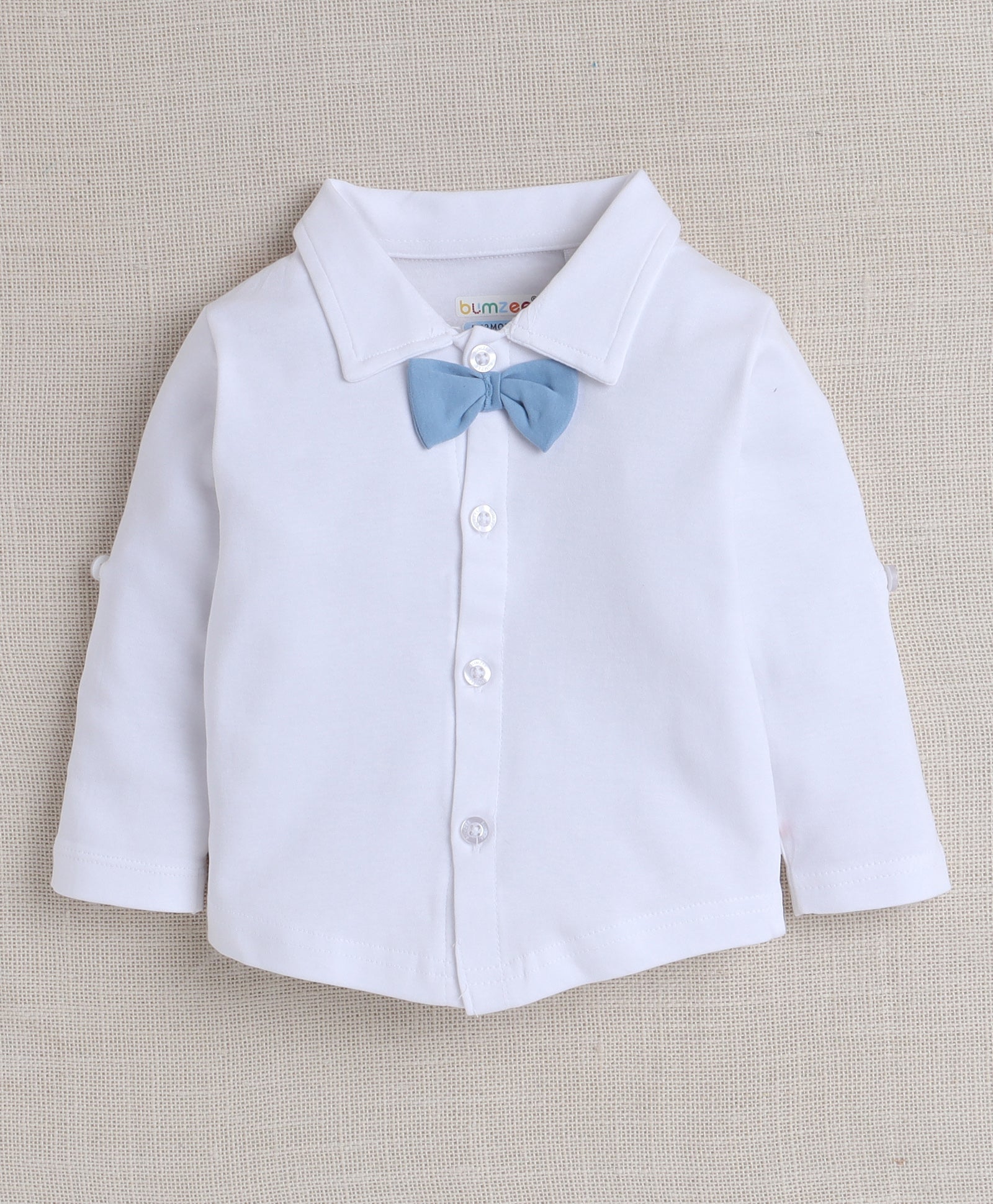 BUMZEE Powder Blue & White Boys Full Sleeves Shirt Waistcoat & Short Set With Applique Bow