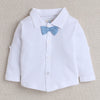 BUMZEE Powder Blue & White Boys Full Sleeves Shirt Waistcoat & Short Set With Applique Bow