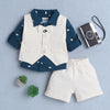 BUMZEE Teal & Beige Boys Full Sleeves Shirt Waistcoat & Short Set With Applique Bow