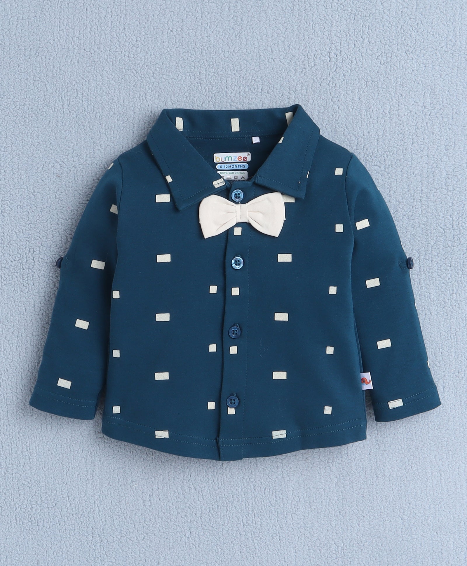 BUMZEE Teal & Beige Boys Full Sleeves Shirt Waistcoat & Short Set With Applique Bow
