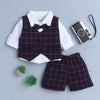 BUMZEE White & Navy Boys Full Sleeves Shirt Waistcoat & Short Set With Applique Bow