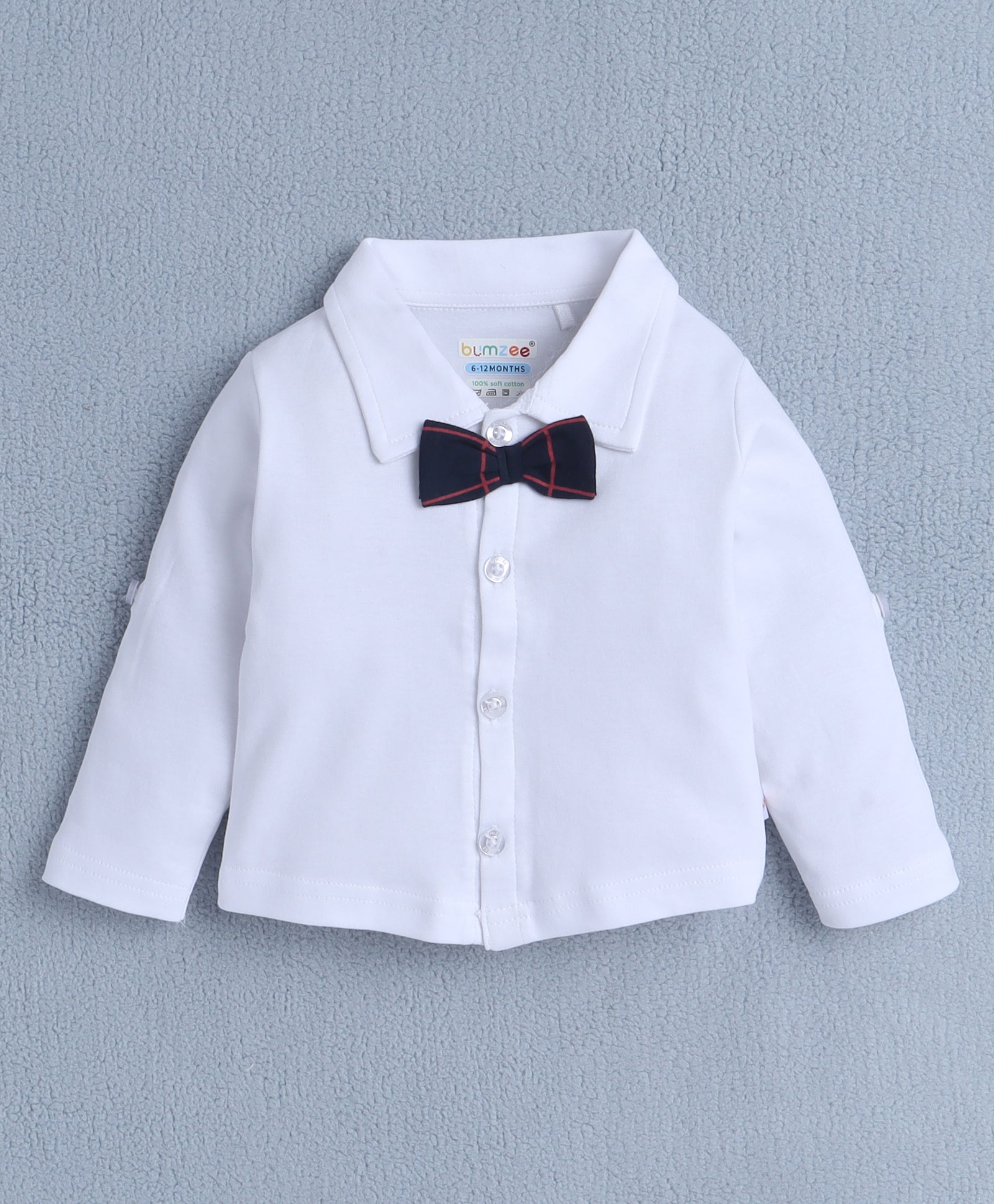 BUMZEE White & Navy Boys Full Sleeves Shirt Waistcoat & Short Set With Applique Bow