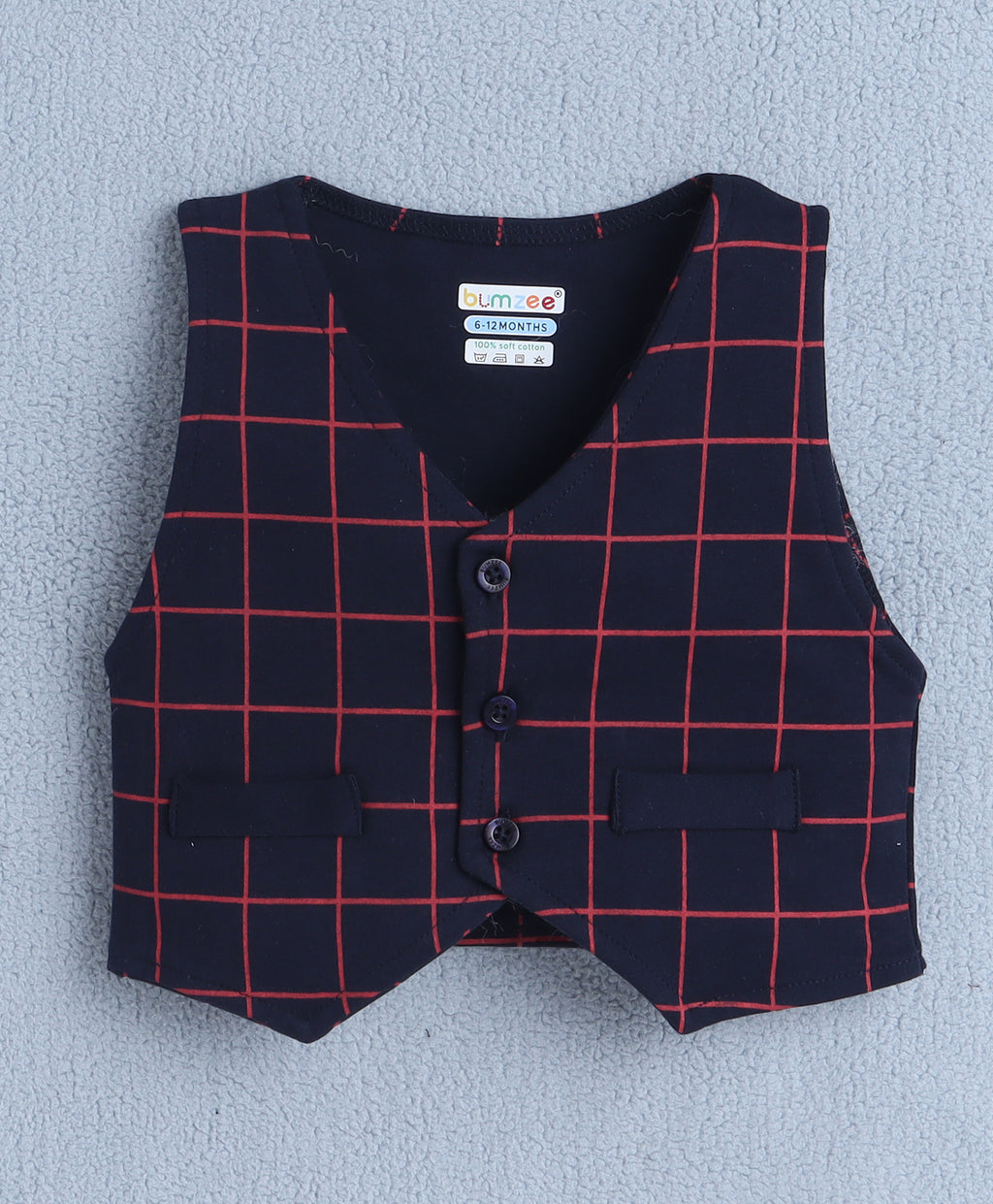 Bumzee White & Navy Checked Formal Set, Full Sleeves, 100% Cotton, with Waistcoat (Style Peb10527)