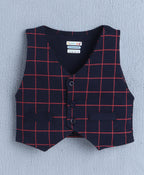 Bumzee White & Navy Checked Formal Set, Full Sleeves, 100% Cotton, with Waistcoat (Style Peb10527)
