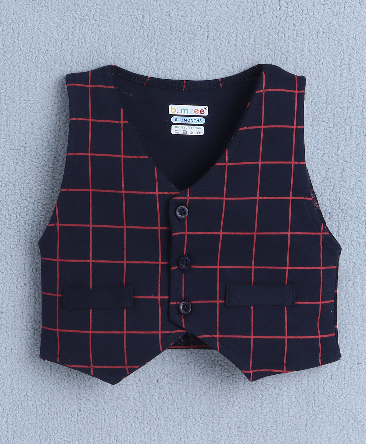 Bumzee White & Navy Checked Formal Set, Full Sleeves, 100% Cotton, with Waistcoat (Style Peb10527)