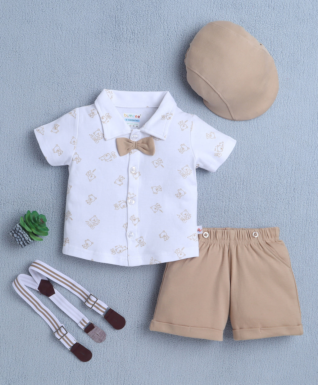 Bumzee White & Beige Animal Print Formal Set, Half Sleeves, 100% Cotton