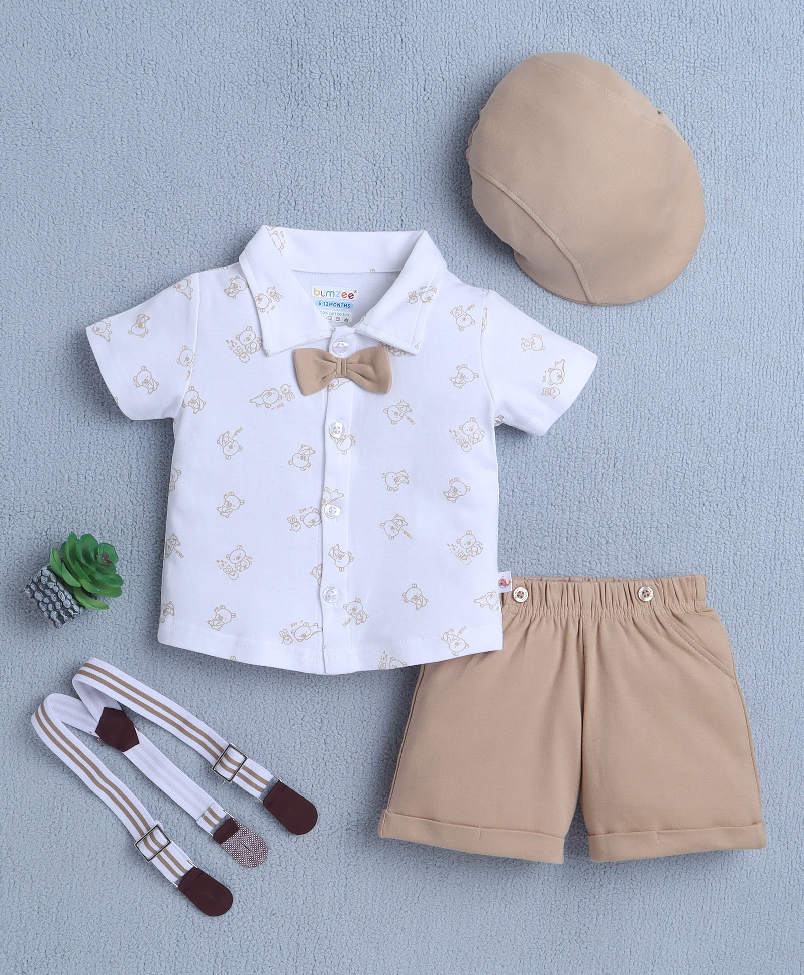 BUMZEE White & Beige Boys Half Sleeves Shirt & Short Set With Bow Suspender & Cap
