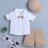 BUMZEE White & Beige Boys Half Sleeves Shirt & Short Set With Bow Suspender & Cap