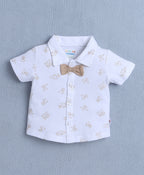 Bumzee White & Beige Animal Print Formal Set, Half Sleeves, 100% Cotton