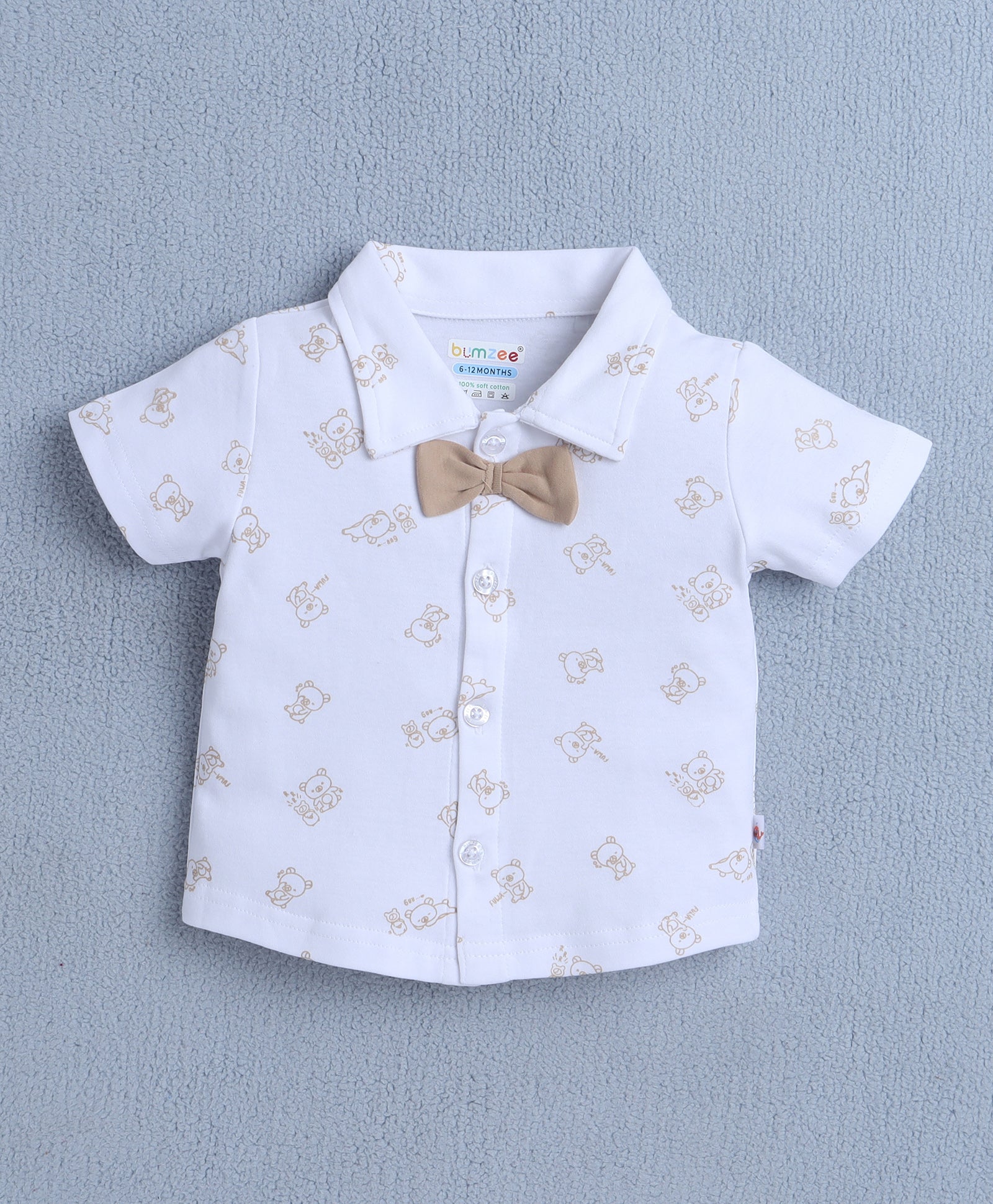 BUMZEE White & Beige Boys Half Sleeves Shirt & Short Set With Bow Suspender & Cap
