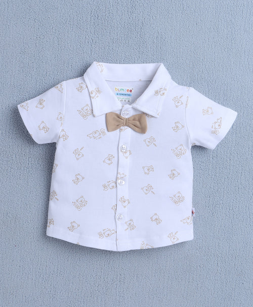 Bumzee White & Beige Animal Print Formal Set, Half Sleeves, 100% Cotton