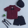BUMZEE Wine & Navy Boys Half Sleeves Shirt & Short Set With Bow Suspender & Cap