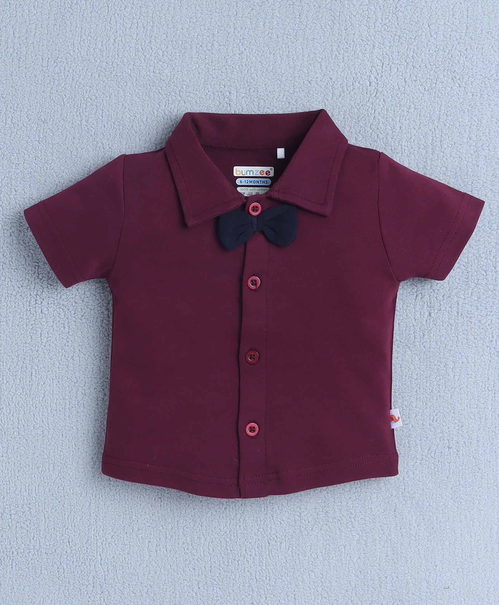 BUMZEE Wine & Navy Boys Half Sleeves Shirt & Short Set With Bow Suspender & Cap