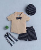 Bumzee Beige & Navy Striped Formal Set, Half Sleeves, 100% Cotton