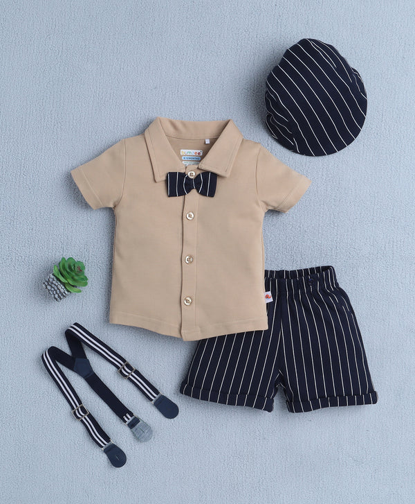 Bumzee Beige & Navy Striped Formal Set, Half Sleeves, 100% Cotton