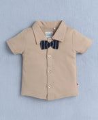 Bumzee Beige & Navy Striped Formal Set, Half Sleeves, 100% Cotton