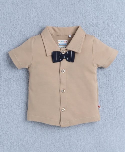 Bumzee Beige & Navy Striped Formal Set, Half Sleeves, 100% Cotton