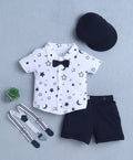 Bumzee White & Navy Graphic Print Formal Set, Half Sleeves, 100% Cotton, with Suspender (Style Peb10533)