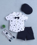 Bumzee White & Navy Graphic Print Formal Set, Half Sleeves, 100% Cotton, with Suspender (Style Peb10533)