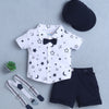 BUMZEE White & Navy Boys Half Sleeves Shirt & Short Set With Bow Suspender & Cap