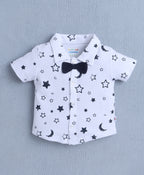 Bumzee White & Navy Graphic Print Formal Set, Half Sleeves, 100% Cotton, with Suspender (Style Peb10533)