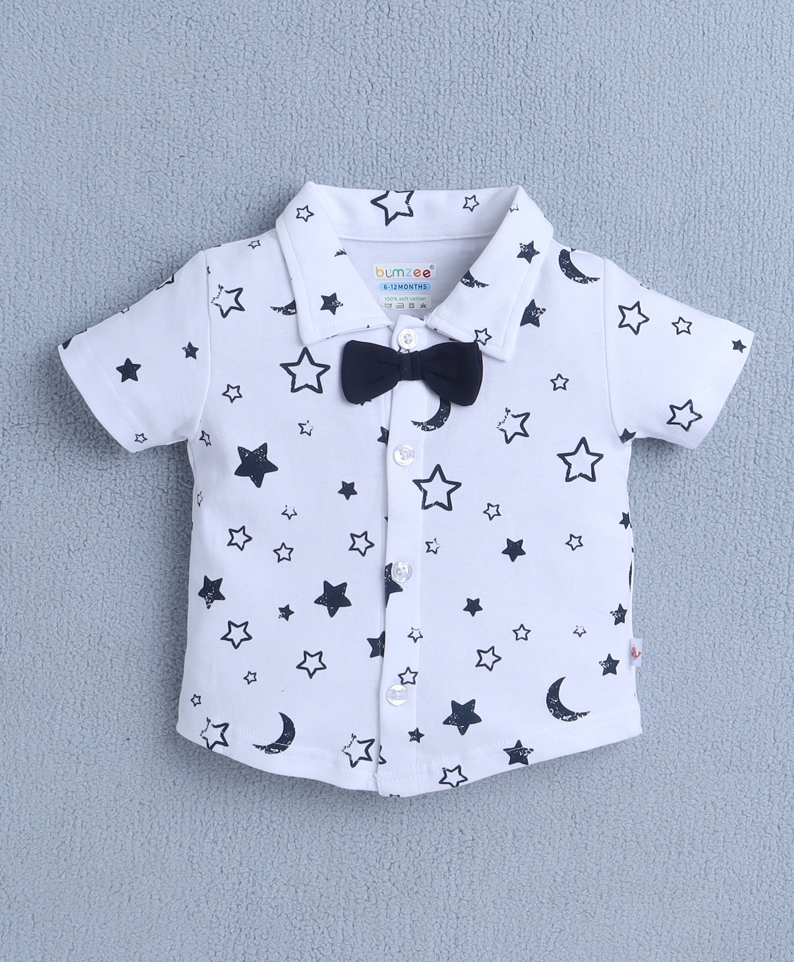 BUMZEE White & Navy Boys Half Sleeves Shirt & Short Set With Bow Suspender & Cap