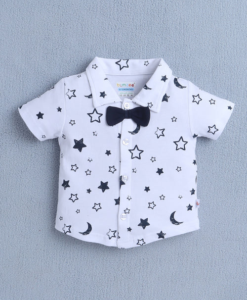 Bumzee White & Navy Graphic Print Formal Set, Half Sleeves, 100% Cotton, with Suspender (Style Peb10533)