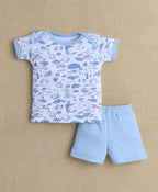 Bumzee Sky Blue & White Animal Print Gift Set, Half Sleeves, 100% Cotton