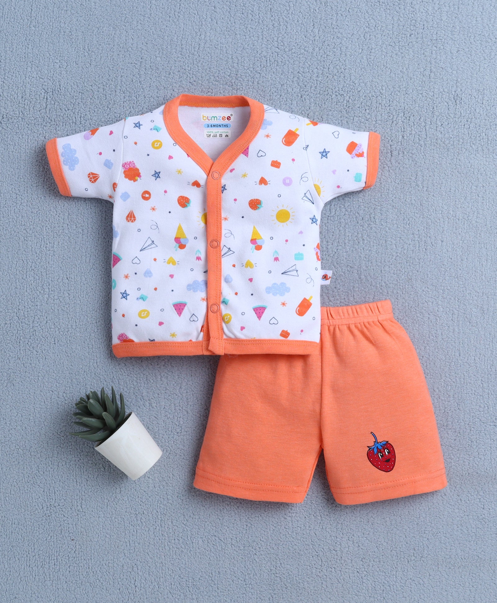 BUMZEE Orange & White Baby Girls Half Sleeves Jabla & Short Set