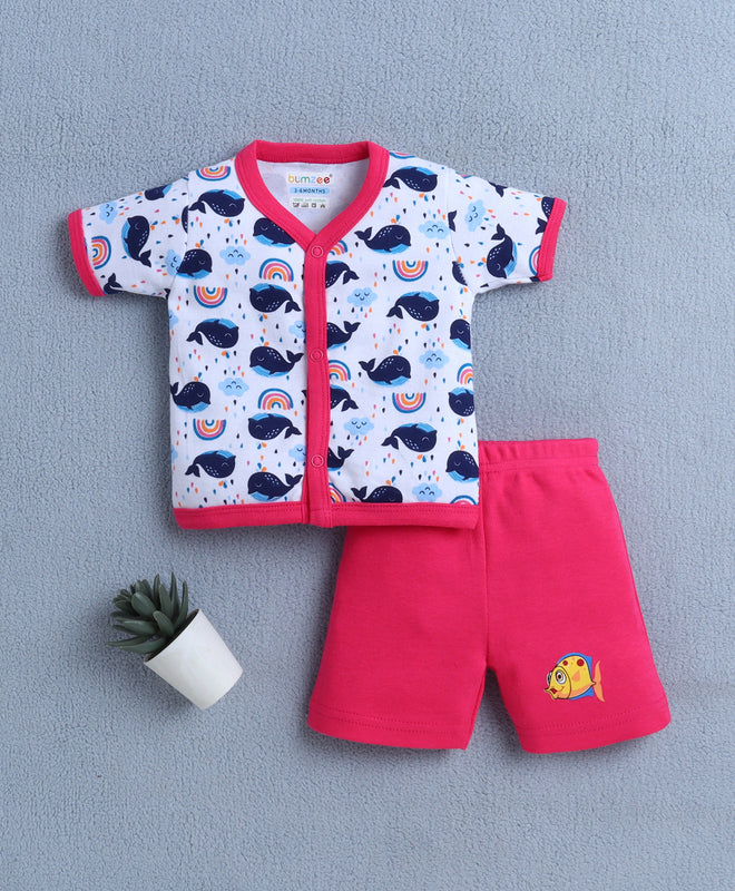 Pink & White Baby Girls Half Sleeves Jabla & Short Set