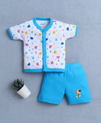 Bumzee Blue & White Animal Print Jabla & Short Set, Half Sleeves, 100% Cotton (Style Peb10595)